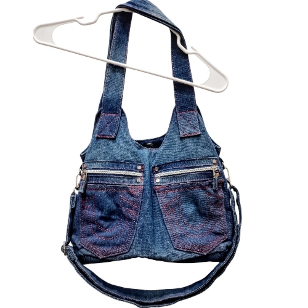 *True Religion* Denim shoulder bag with signature red "horseshore"